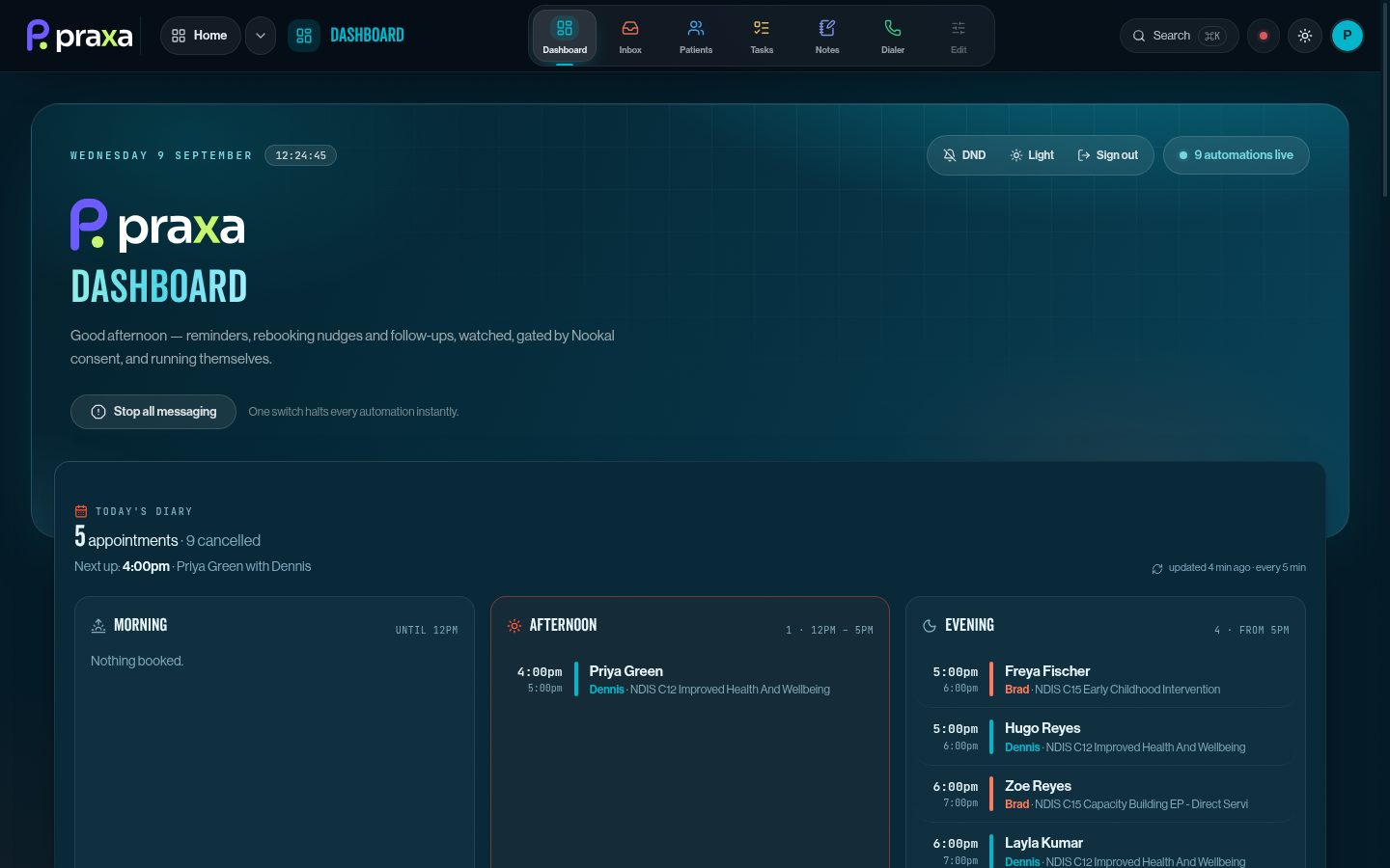 Dashboard — today's diary with automations status