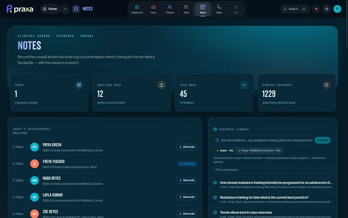 Notes — AI scribe with today's appointments and evidence library